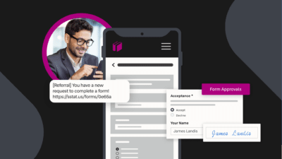 Man in glasses on a smart phone filling out a Forms & Flows form.